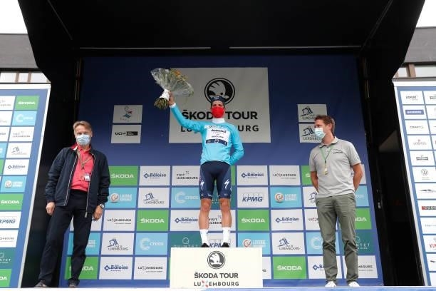 João Almeida of Portugal and Team Deceuninck - Quick-Step celebrates winning the blue points jersey on the podium ceremony after the 81st Skoda-Tour...