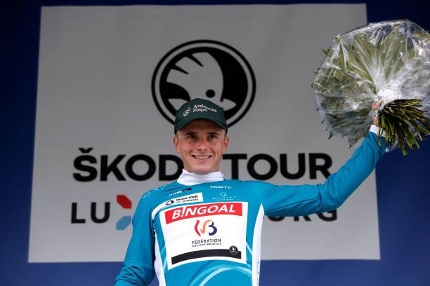 Kenny Molly of Belgium and Team Bingoal WB celebrates winning the green mountain jersey on the podium ceremony after the 81st Skoda-Tour De...