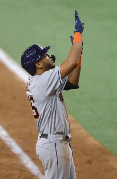 Jose Siri of the Houston Astros reacts after hitting a solo home run against the Texas Rangers during the eighth inning at Globe Life Field on...
