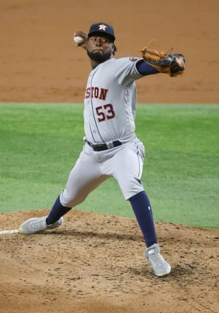 Cristian Javier of the Houston Astros pitches against the Texas Rangers during the second inning at Globe Life Field on September 13, 2021 in...
