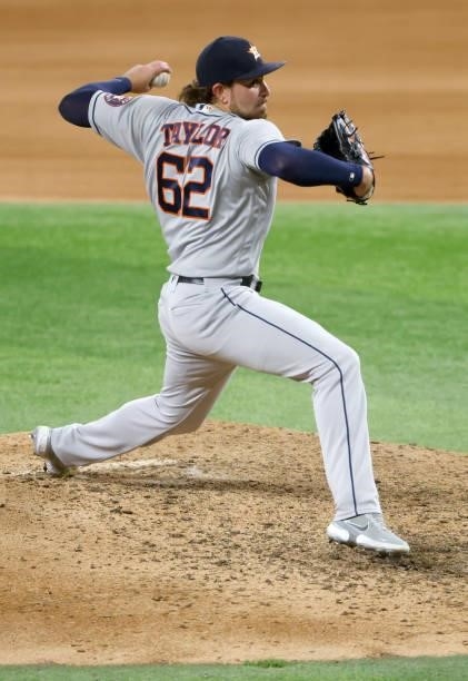 Blake Taylor of the Houston Astros pitches against the Texas Rangers during the seventh inning at Globe Life Field on September 13, 2021 in...