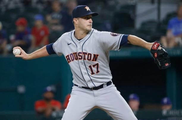 Jake Odorizzi of the Houston Astros pitches against the Texas Rangers during the first inning at Globe Life Field on September 13, 2021 in Arlington,...