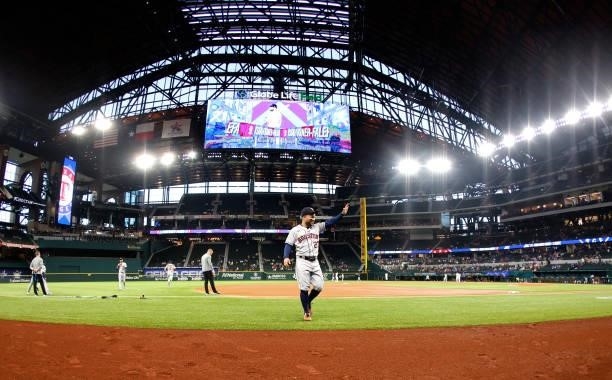 Jose Altuve of the Houston Astros waves to fans before the game between the Texas Rangers and the Houston Astros at Globe Life Field on September 13,...