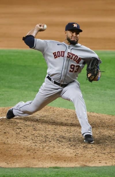 Yimi Garcia of the Houston Astros pitches against the Texas Rangers during the ninth inning at Globe Life Field on September 13, 2021 in Arlington,...