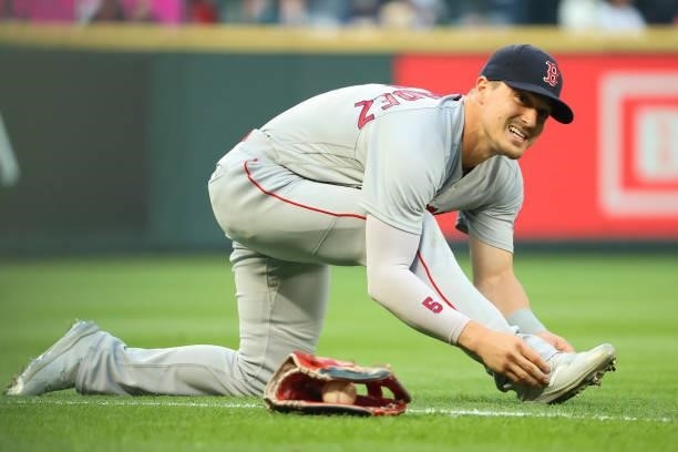 Enrique Hernandez of the Boston Red Sox stretches before the game against the Seattle Mariners at T-Mobile Park on September 13, 2021 in Seattle,...