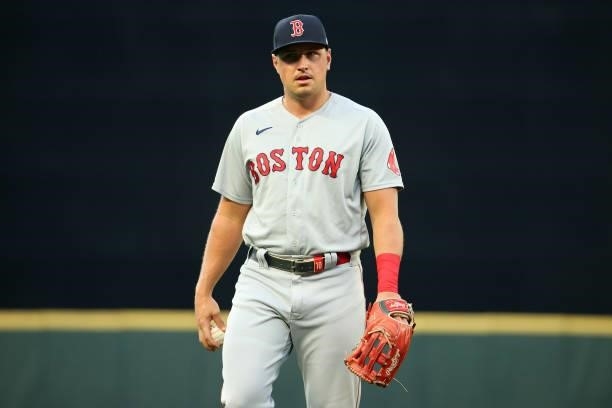 Hunter Renfroe of the Boston Red Sox looks on before the game against the Seattle Mariners at T-Mobile Park on September 13, 2021 in Seattle,...