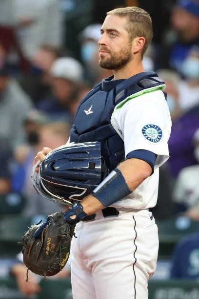 Tom Murphy of the Seattle Mariners looks on against the Boston Red Sox in the first inning at T-Mobile Park on September 13, 2021 in Seattle,...
