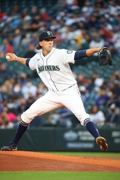 Logan Gilbert of the Seattle Mariners pitches against the Boston Red Sox in the first inning at T-Mobile Park on September 13, 2021 in Seattle,...