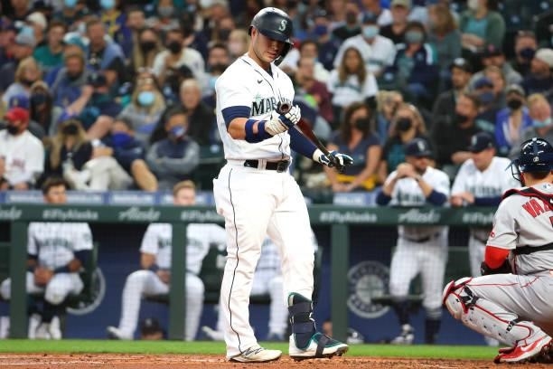 Ty France of the Seattle Mariners reacts while at bat against the Boston Red Sox in the first inning at T-Mobile Park on September 13, 2021 in...