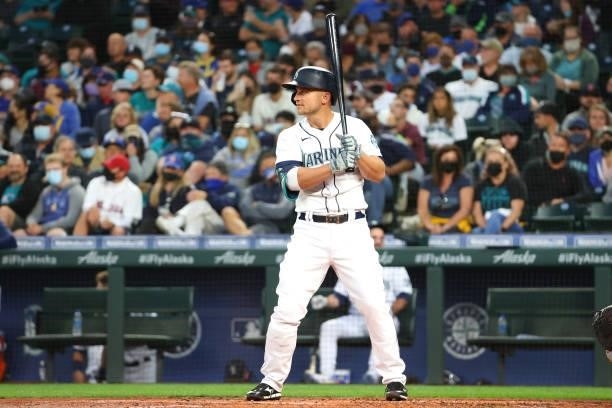 Kyle Seager of the Seattle Mariners at bat against the Boston Red Sox during the first inning at T-Mobile Park on September 13, 2021 in Seattle,...