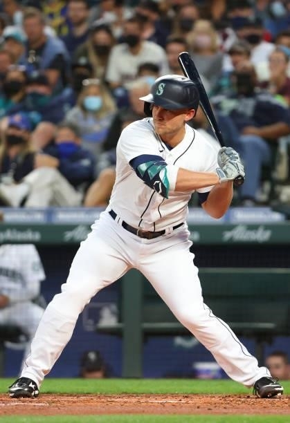 Kyle Seager of the Seattle Mariners at bat against the Boston Red Sox during the first inning at T-Mobile Park on September 13, 2021 in Seattle,...