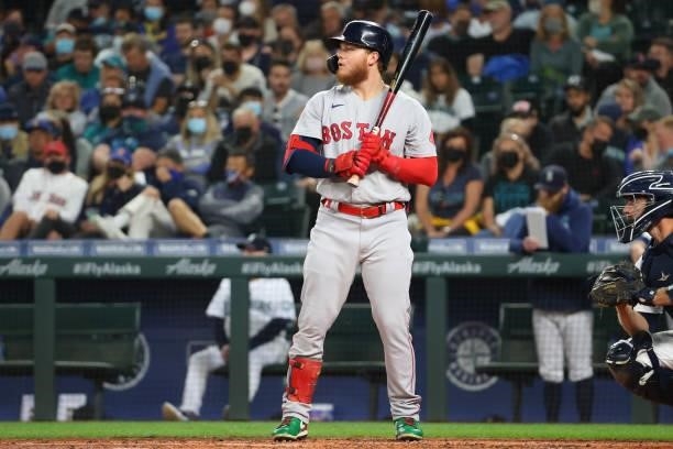 Alex Verdugo of the Boston Red Sox at bat against the Seattle Mariners during the first inning at T-Mobile Park on September 13, 2021 in Seattle,...