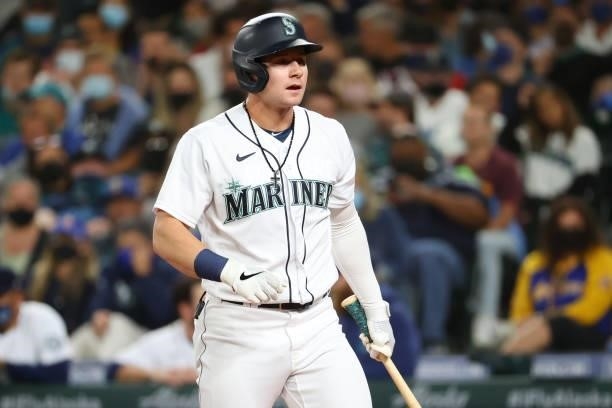 Jarred Kelenic of the Seattle Mariners reacts while at bat against the Boston Red Sox during the second inning at T-Mobile Park on September 13, 2021...