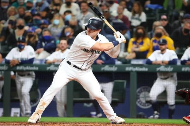 Jarred Kelenic of the Seattle Mariners at bat against the Boston Red Sox during the second inning at T-Mobile Park on September 13, 2021 in Seattle,...