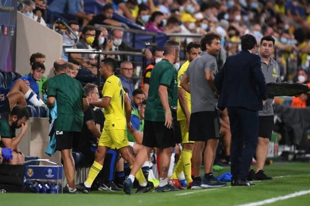 Francis Coquelin of Villarreal leaves the field after being shown a red card during the UEFA Champions League group F match between Villarreal CF and...