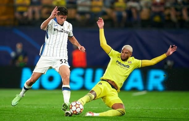 Matteo Pessina of Atalanta is tackled by Etienne Capoue of Villarreal during the UEFA Champions League group F match between Villarreal CF and...