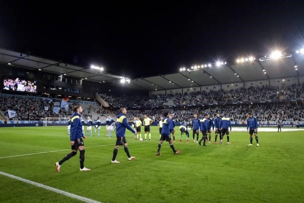 Juventus' players entrance prior to the UEFA Champions League group H match between Malmo FF and Juventus at Eleda Stadium on September 14, 2021 in...