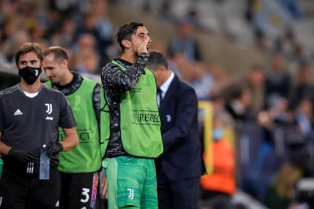 Mattia Perin of Juventus supports his teammates during the UEFA Champions League group H match between Malmo FF and Juventus at Eleda Stadium on...