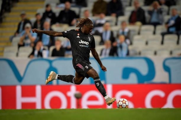 Moise Kean of Juventus kicks the ball during the UEFA Champions League group H match between Malmo FF and Juventus at Eleda Stadium on September 14,...