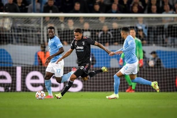 Danilo of Juventus kicks the ball during the UEFA Champions League group H match between Malmo FF and Juventus at Eleda Stadium on September 14, 2021...