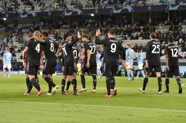 Juventus' players celebrates after the first goal of teammate Alex Sandro during the UEFA Champions League group H match between Malmo FF and...