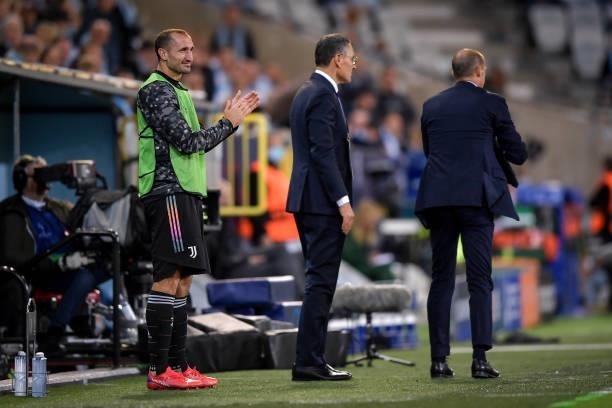 Giorgio Chiellini of Juventus supports his teammates during the UEFA Champions League group H match between Malmo FF and Juventus at Eleda Stadium on...