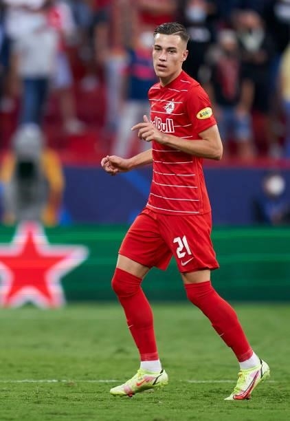 Luka Sucic of RB Salzburg looks on during the UEFA Champions League group G match between Sevilla FC and RB Salzburg at Estadio Ramon Sanchez Pizjuan...