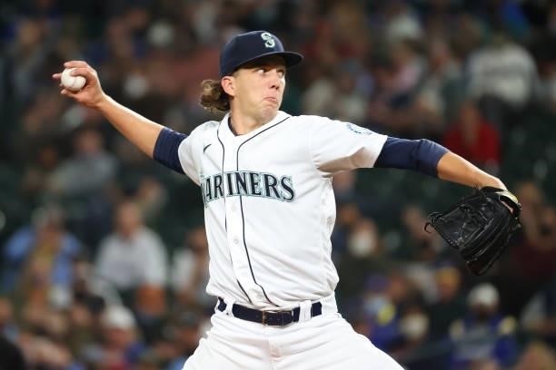 Logan Gilbert of the Seattle Mariners pitches against the Boston Red Sox in the third inning at T-Mobile Park on September 13, 2021 in Seattle,...