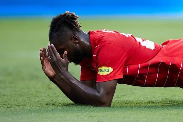 Oumar Solet of RB Salzburg reacts during the UEFA Champions League group G match between Sevilla FC and RB Salzburg at Estadio Ramon Sanchez Pizjuan...