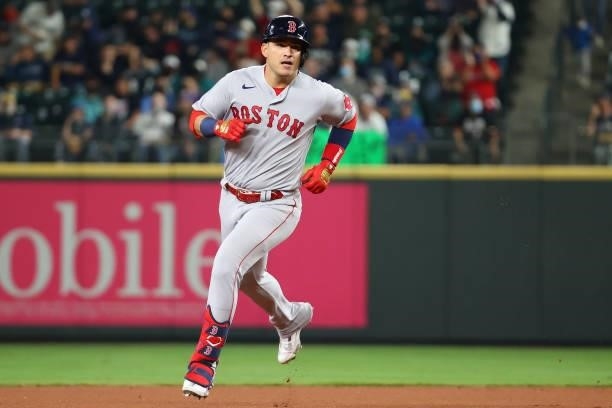 Jose Iglesias of the Boston Red Sox runs the bases after hitting a solo home run against the Seattle Mariners during the third inning at T-Mobile...