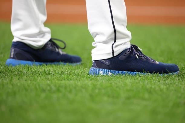 General view of the Stephen Curry shoes worn by third base coach Manny Acta of the Seattle Mariners against the Boston Red Sox at T-Mobile Park on...