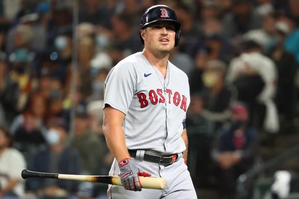 Hunter Renfroe of the Boston Red Sox reacts after striking out against the Seattle Mariners during the fifth inning at T-Mobile Park on September 13,...