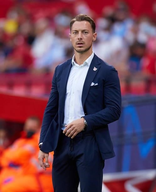 Matthias Jaissle, manager of RB Salzburg looks on during the UEFA Champions League group G match between Sevilla FC and RB Salzburg at Estadio Ramon...