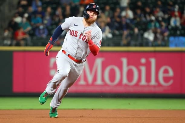 Alex Verdugo of the Boston Red Sox advances to third base in the fifth inning against the Seattle Mariners at T-Mobile Park on September 13, 2021 in...