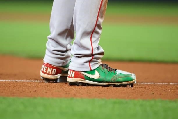 General view of the cleats worn by Alex Verdugo of the Boston Red Sox against the Seattle Mariners at T-Mobile Park on September 13, 2021 in Seattle,...