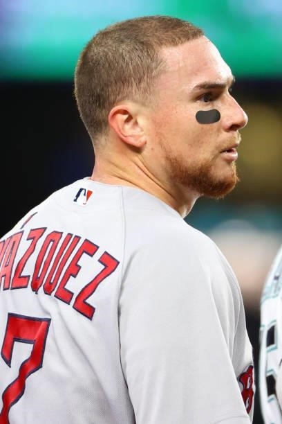 Christian Vazquez of the Boston Red Sox looks on in the fifth inning against the Seattle Mariners at T-Mobile Park on September 13, 2021 in Seattle,...