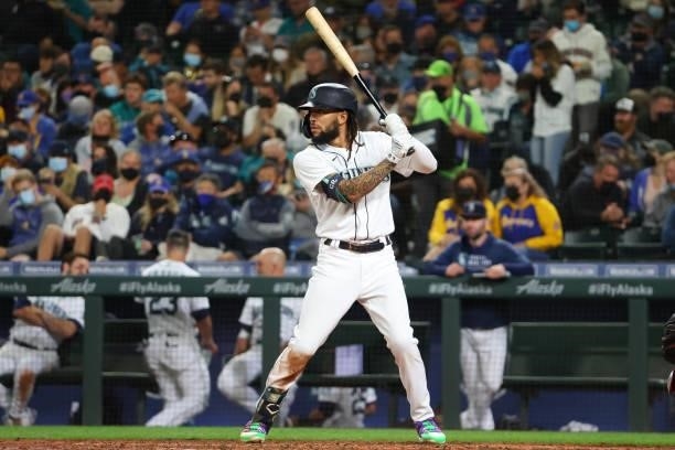 Crawford of the Seattle Mariners at bat during the fifth inning against the Boston Red Sox at T-Mobile Park on September 13, 2021 in Seattle,...