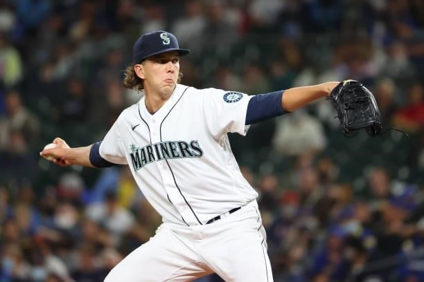 Logan Gilbert of the Seattle Mariners pitches against the Boston Red Sox in the sixth inning at T-Mobile Park on September 13, 2021 in Seattle,...