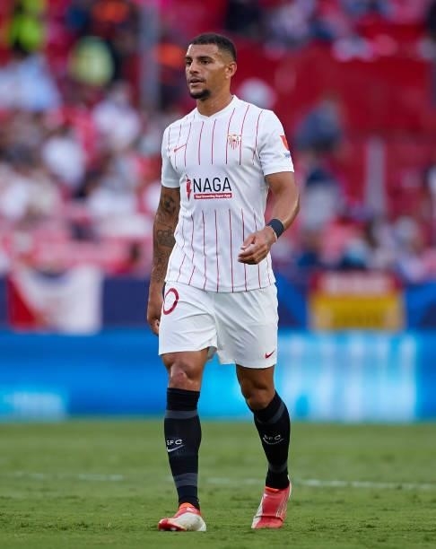 Diego Carlos of Sevilla FC looks on during the UEFA Champions League group G match between Sevilla FC and RB Salzburg at Estadio Ramon Sanchez...