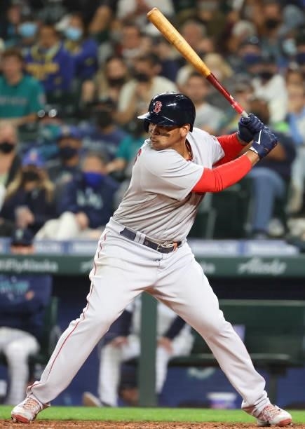Rafael Devers of the Boston Red Sox at bat against the Seattle Mariners in the sixth inning at T-Mobile Park on September 13, 2021 in Seattle,...