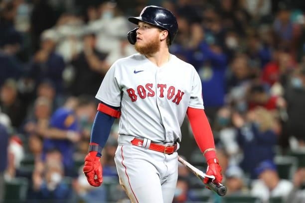 Alex Verdugo of the Boston Red Sox reacts after striking out while swinging against the Seattle Mariners to end the sixth inning at T-Mobile Park on...