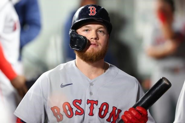 Alex Verdugo of the Boston Red Sox reacts after striking out while swinging against the Seattle Mariners to end the sixth inning at T-Mobile Park on...