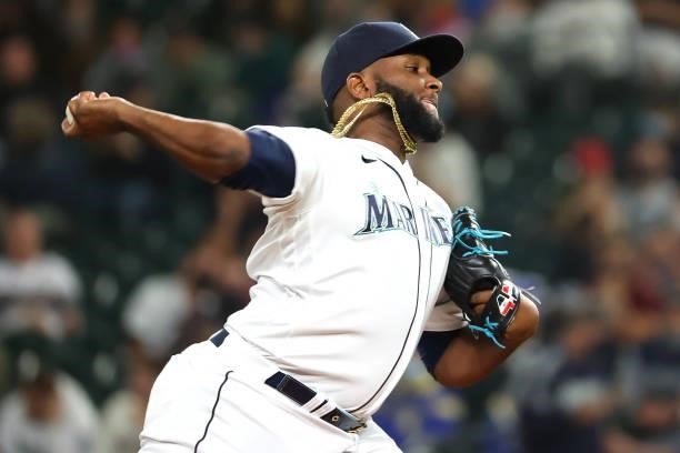 Diego Castillo of the Seattle Mariners pitches against the Boston Red Sox in the seventh inning at T-Mobile Park on September 13, 2021 in Seattle,...