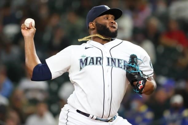 Diego Castillo of the Seattle Mariners pitches against the Boston Red Sox in the seventh inning at T-Mobile Park on September 13, 2021 in Seattle,...