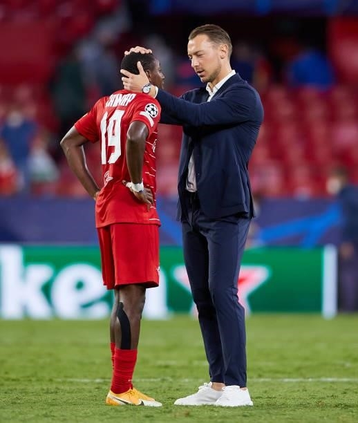 Matthias Jaissle, Head Coach of RB Salzburg, interacts with Mohamed Camara of RB Salzburg afterthe UEFA Champions League group G match between...