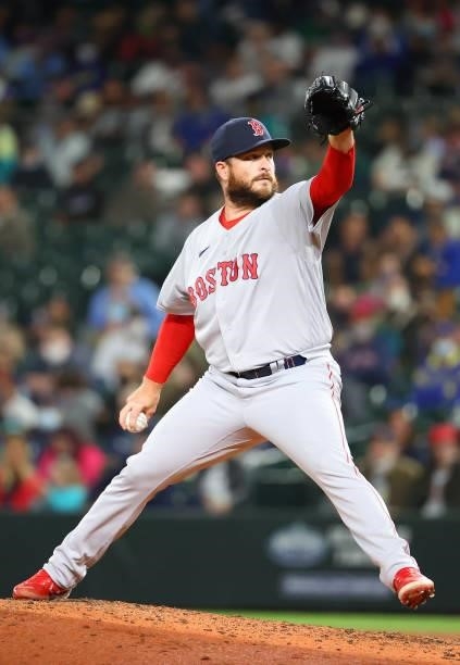 Ryan Brasier of the Boston Red Sox pitches during the seventh inning against the Seattle Mariners at T-Mobile Park on September 13, 2021 in Seattle,...
