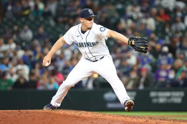 Paul Sewald of the Seattle Mariners pitches during the eighth inning against the Boston Red Sox at T-Mobile Park on September 13, 2021 in Seattle,...