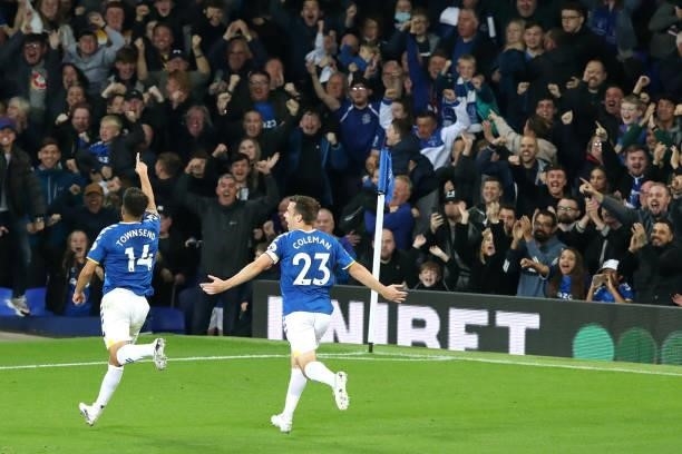 Andros Townsend celebrates his goal with Seamus Coleman during the Premier League match between Everton and Burnley at Goodison Park on September 13,...