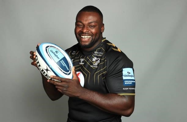 Biyi Alo poses for a portrait during the Wasps Rugby Squad Photocall for the 2021-2022 Gallagher Premiership Rugby season on September 14, 2021 in...