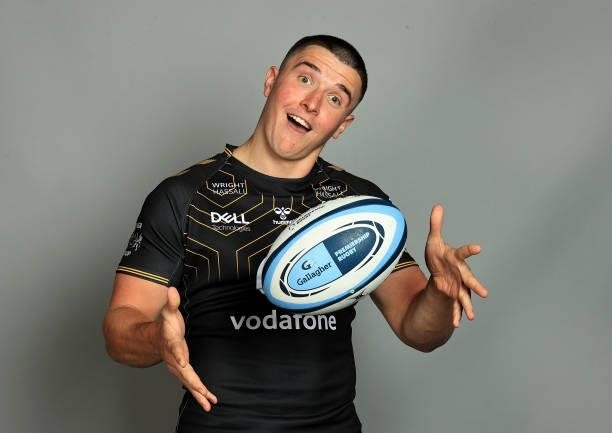 Sam Spink poses for a portrait during the Wasps Rugby Squad Photocall for the 2021-2022 Gallagher Premiership Rugby season on September 14, 2021 in...